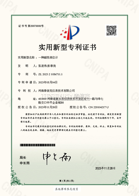 第20079999號實(shí)用新型專利證書一種磁性液位計(jì)